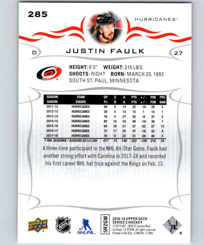 2018-19 Upper Deck #285 Justin Faulk Mint Carolina Hurricanes Image 2