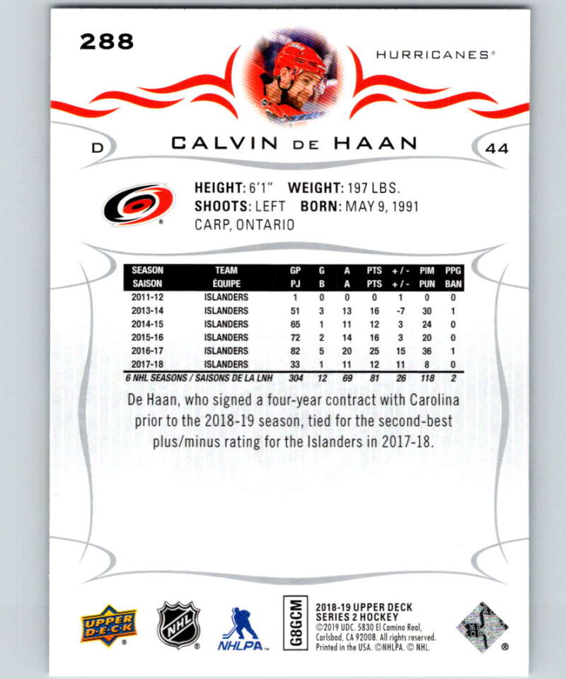 2018-19 Upper Deck #288 Calvin de Haan Mint Carolina Hurricanes Image 2