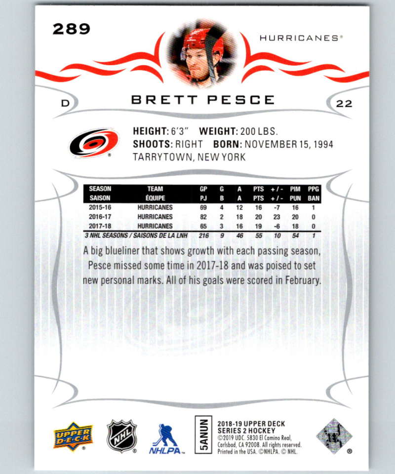 2018-19 Upper Deck #289 Brett Pesce Mint Carolina Hurricanes Image 2