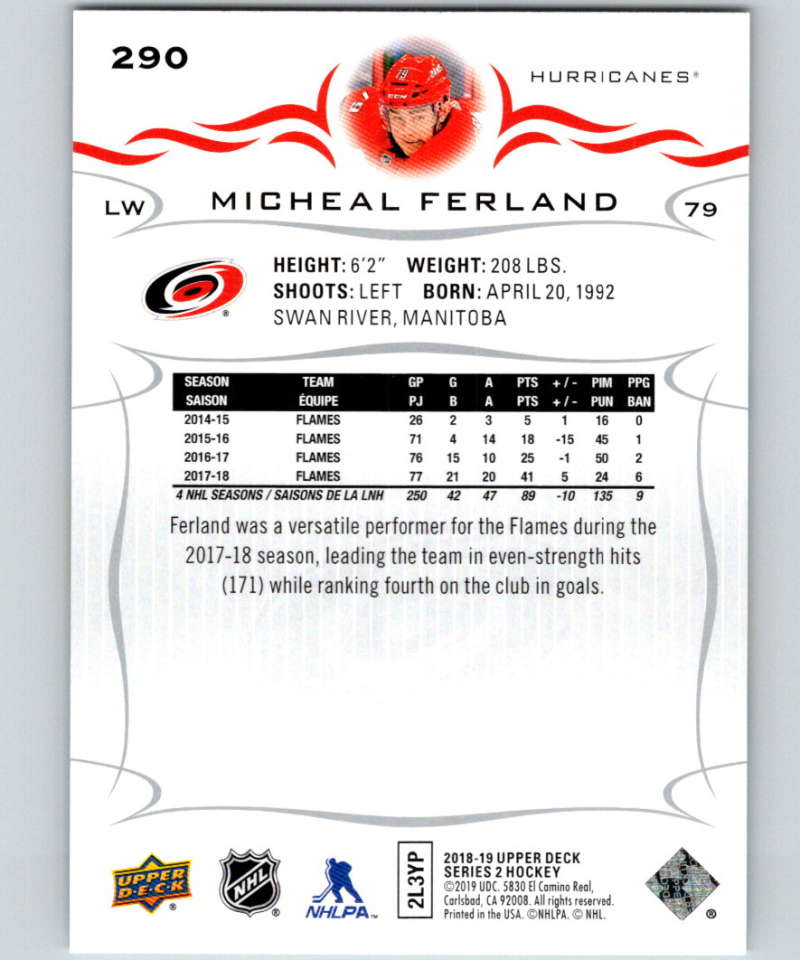 2018-19 Upper Deck #290 Micheal Ferland Mint Carolina Hurricanes Image 2