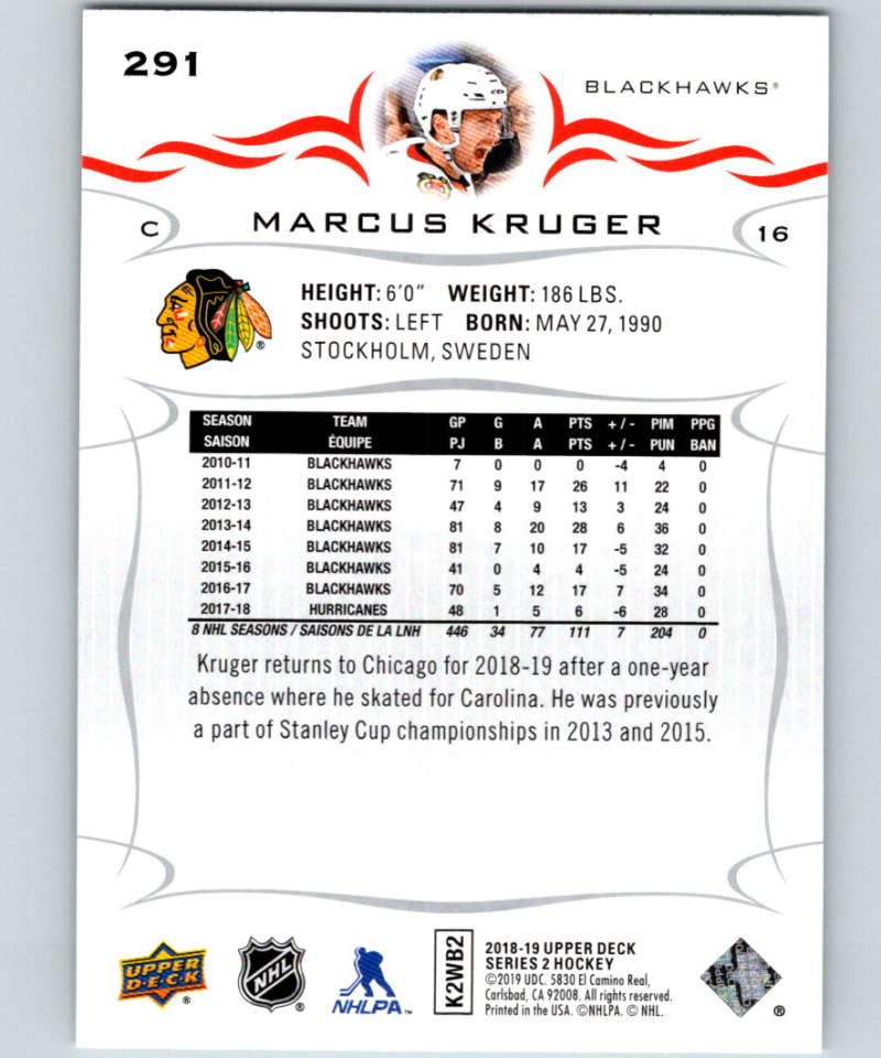 2018-19 Upper Deck #291 Marcus Kruger Mint Chicago Blackhawks Image 2