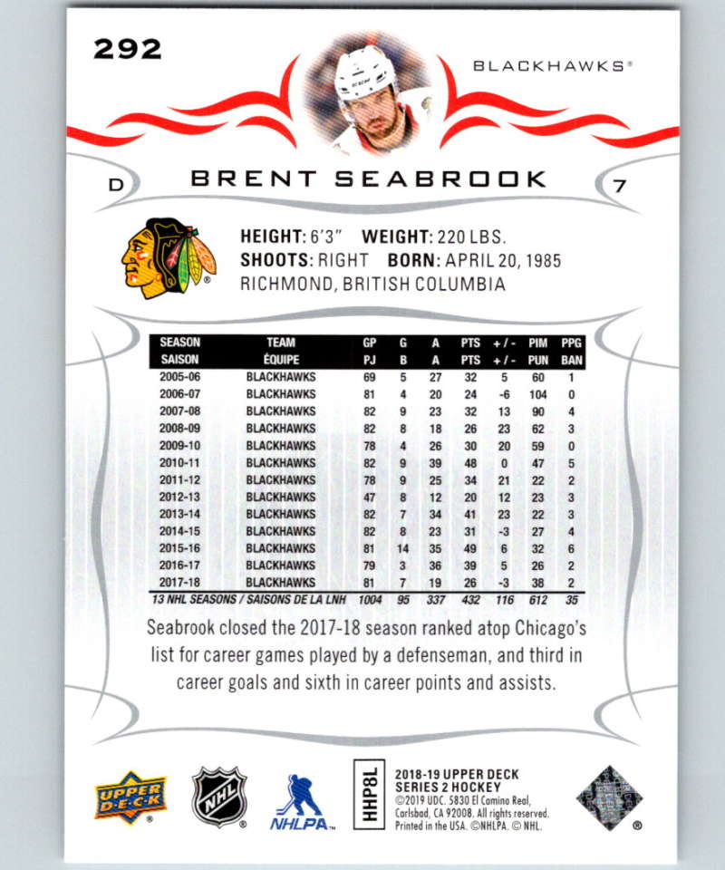 2018-19 Upper Deck #292 Brent Seabrook Mint Chicago Blackhawks