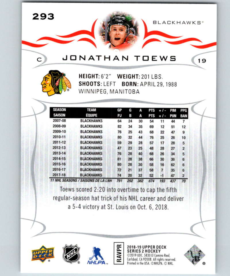 2018-19 Upper Deck #293 Jonathan Toews Mint Chicago Blackhawks