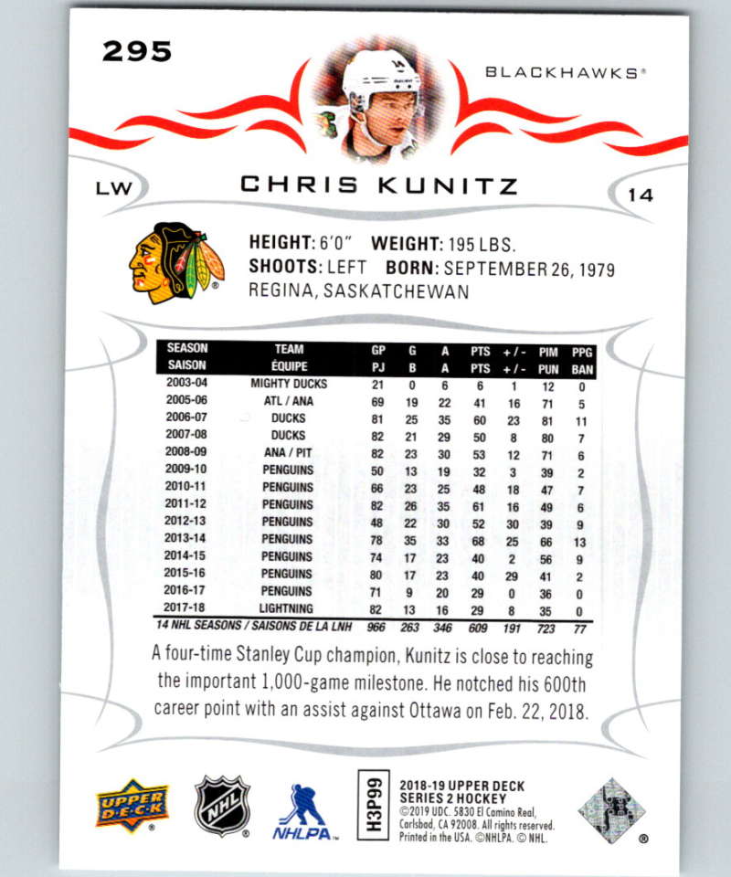 2018-19 Upper Deck #295 Chris Kunitz Mint Chicago Blackhawks Image 2