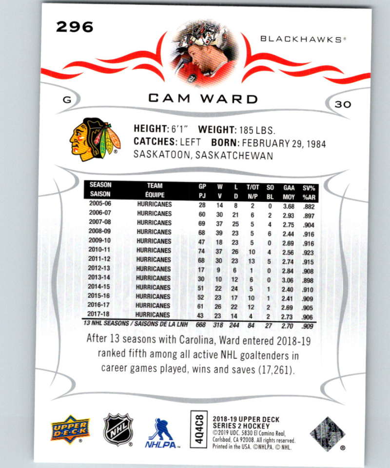 2018-19 Upper Deck #296 Cam Ward Mint Chicago Blackhawks Image 2