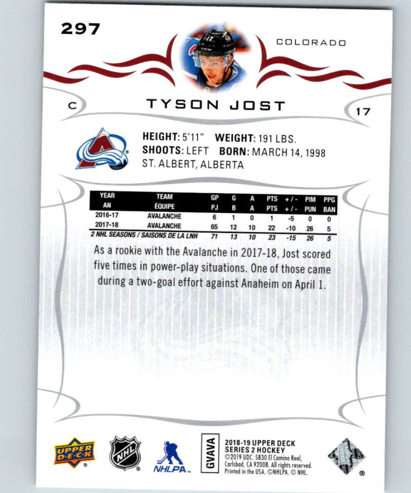 2018-19 Upper Deck #297 Tyson Jost Mint Colorado Avalanche Image 2