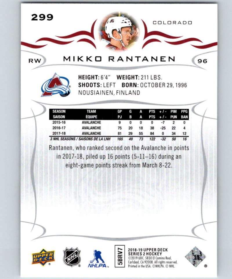 2018-19 Upper Deck #299 Mikko Rantanen Mint Colorado Avalanche Image 2