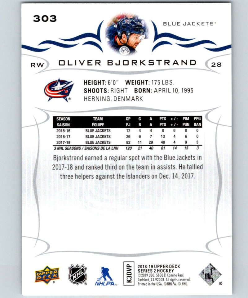 2018-19 Upper Deck #303 Oliver Bjorkstrand Mint Columbus Blue Jackets Image 2