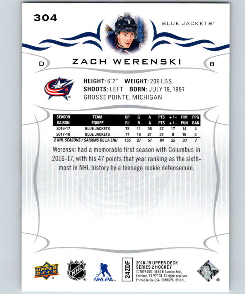 2018-19 Upper Deck #304 Zach Werenski Mint Columbus Blue Jackets Image 2