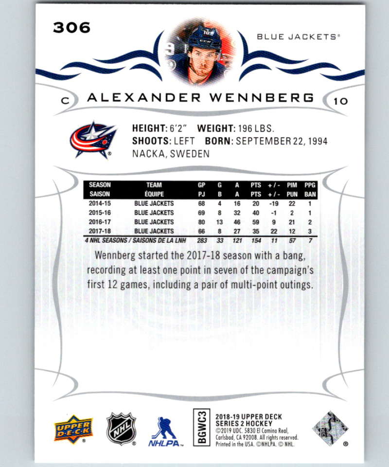 2018-19 Upper Deck #306 Alexander Wennberg Mint Columbus Blue Jackets Image 2