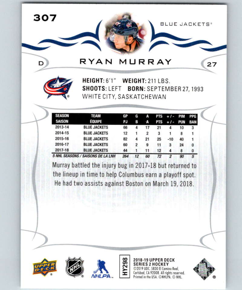 2018-19 Upper Deck #307 Ryan Murray Mint Columbus Blue Jackets Image 2