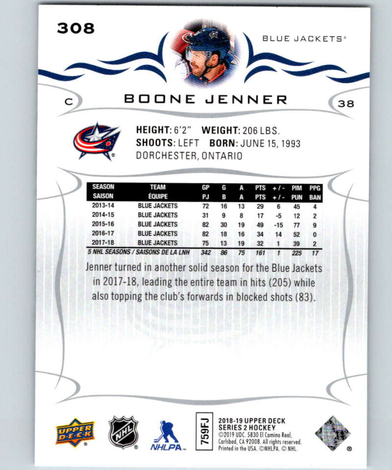 2018-19 Upper Deck #308 Boone Jenner Mint Columbus Blue Jackets Image 2