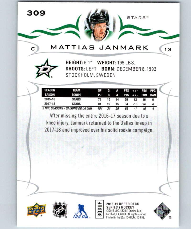 2018-19 Upper Deck #309 Mattias Janmark Mint Dallas Stars