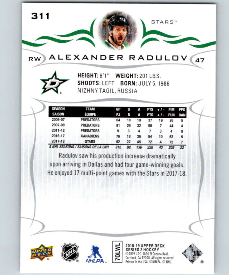 2018-19 Upper Deck #311 Alexander Radulov Mint Dallas Stars Image 2