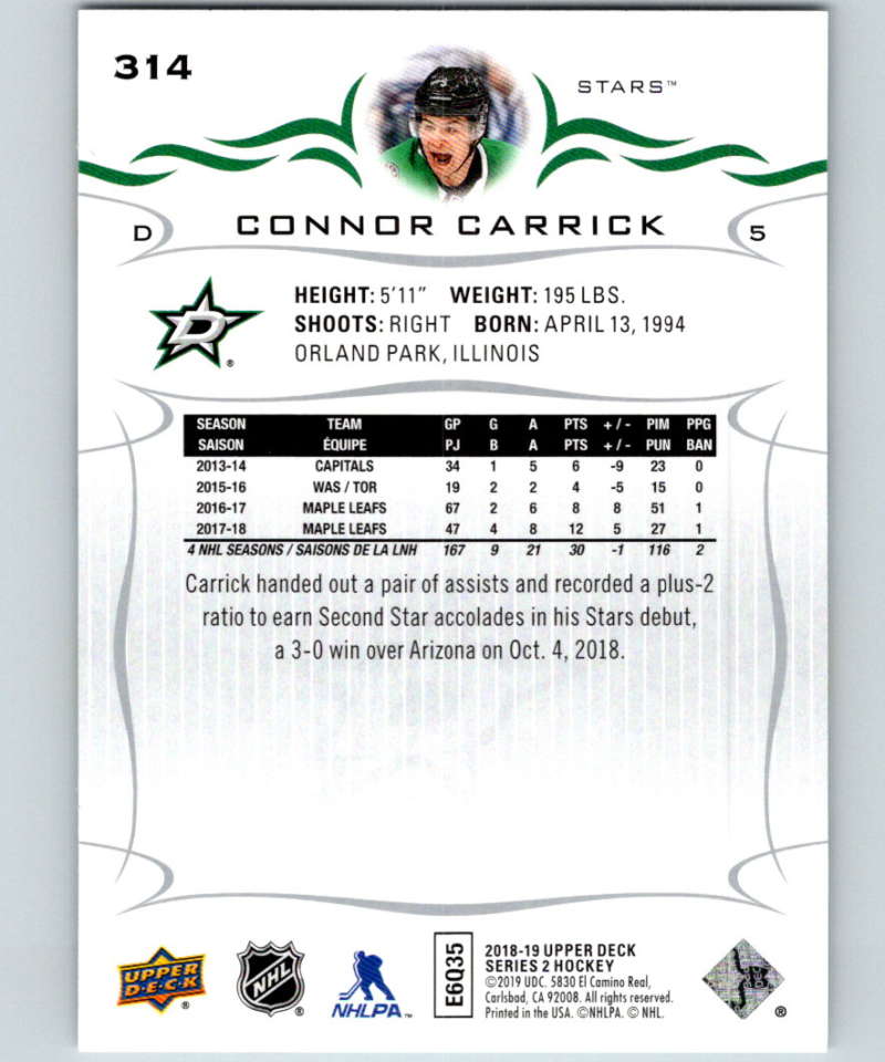 2018-19 Upper Deck #314 Connor Carrick Mint Dallas Stars Image 2