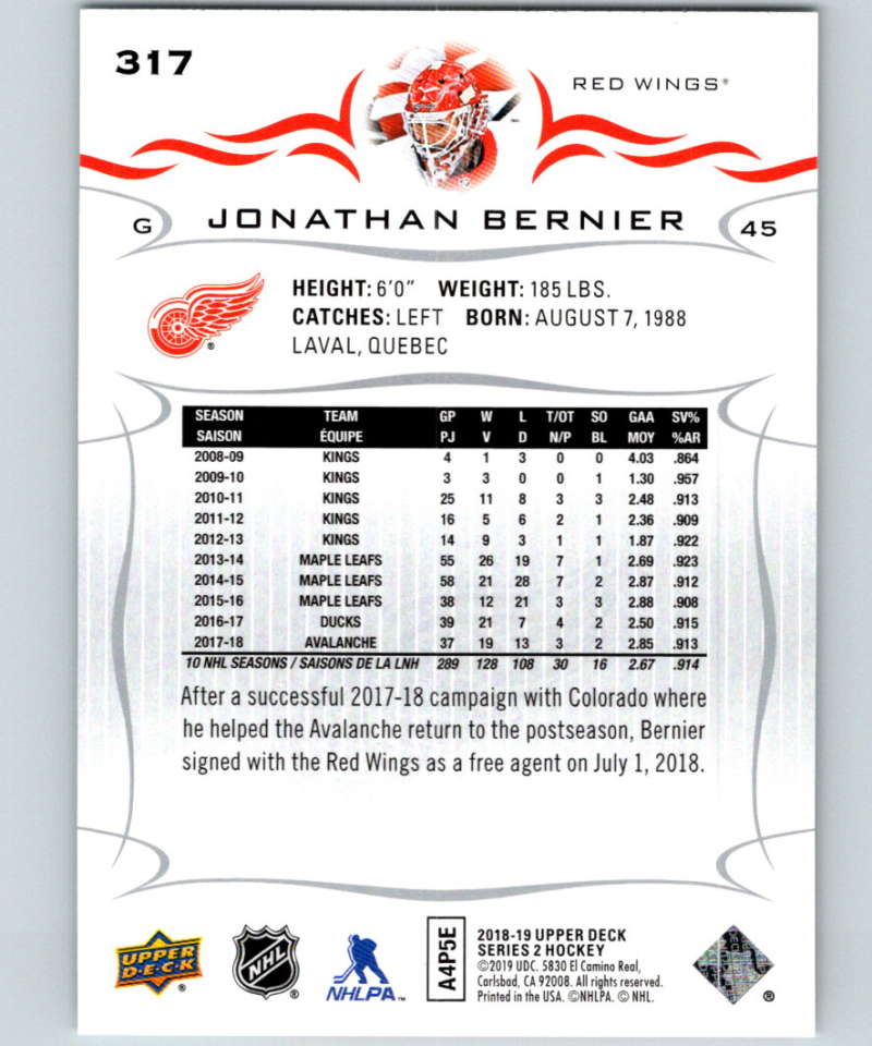 2018-19 Upper Deck #317 Jonathan Bernier Mint Detroit Red Wings Image 2