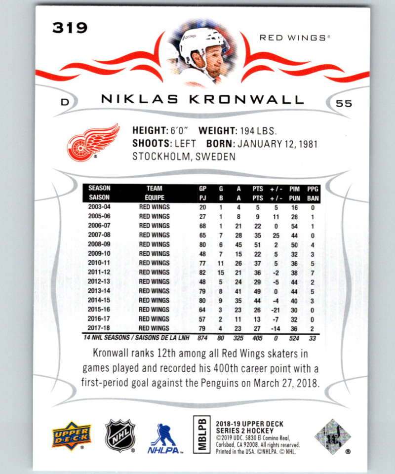 2018-19 Upper Deck #319 Niklas Kronwall Mint Detroit Red Wings Image 2