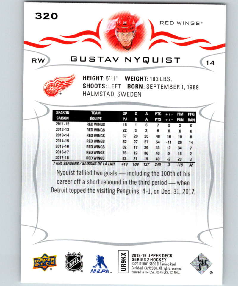 2018-19 Upper Deck #320 Gustav Nyquist Mint Detroit Red Wings Image 2