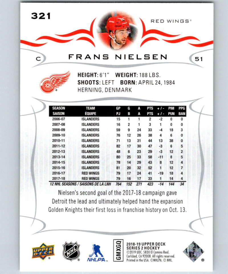 2018-19 Upper Deck #321 Frans Nielsen Mint Detroit Red Wings Image 2
