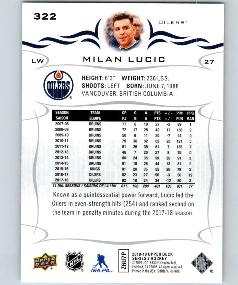 2018-19 Upper Deck #322 Milan Lucic Mint Edmonton Oilers Image 2