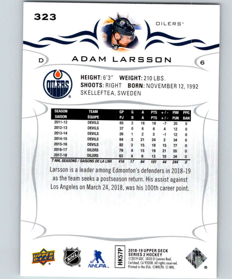 2018-19 Upper Deck #323 Adam Larsson Mint Edmonton Oilers Image 2