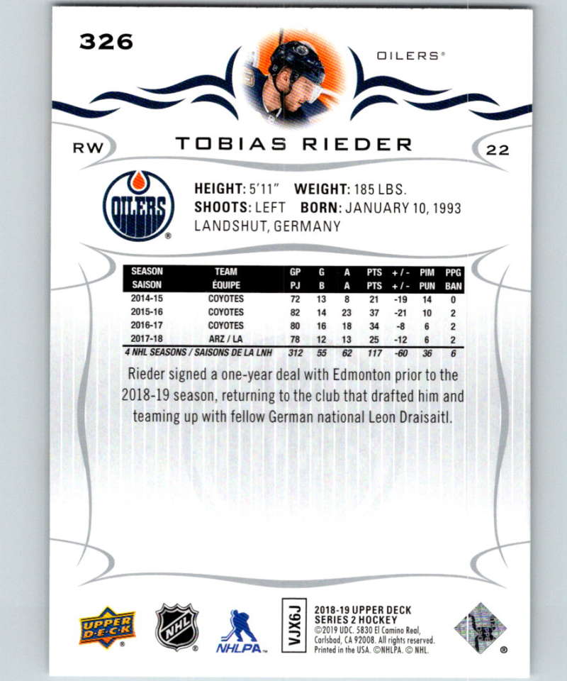 2018-19 Upper Deck #326 Tobias Rieder Mint Edmonton Oilers