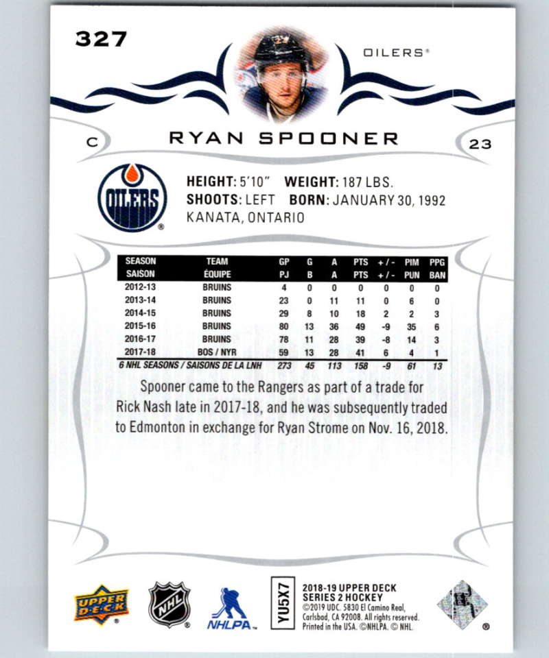 2018-19 Upper Deck #327 Ryan Spooner Mint Edmonton Oilers