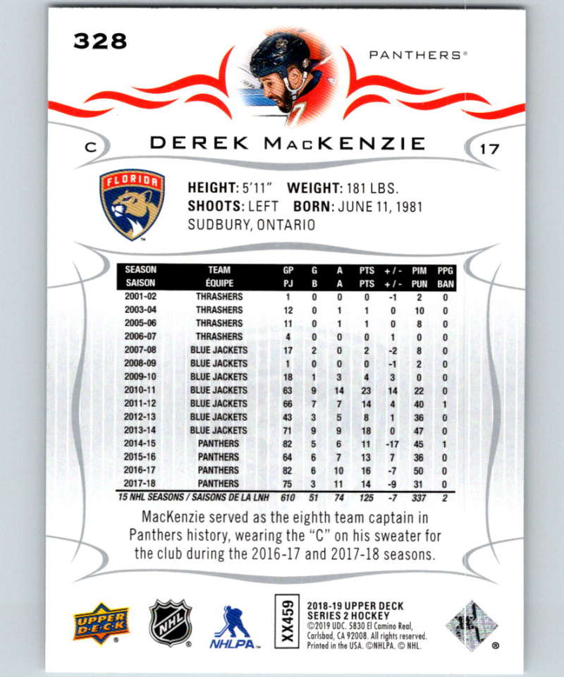2018-19 Upper Deck #328 Derek MacKenzie Mint Florida Panthers Image 2