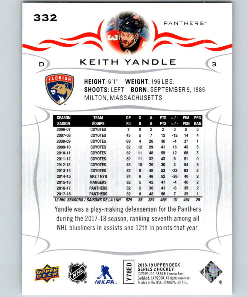 2018-19 Upper Deck #332 Keith Yandle Mint Florida Panthers Image 2