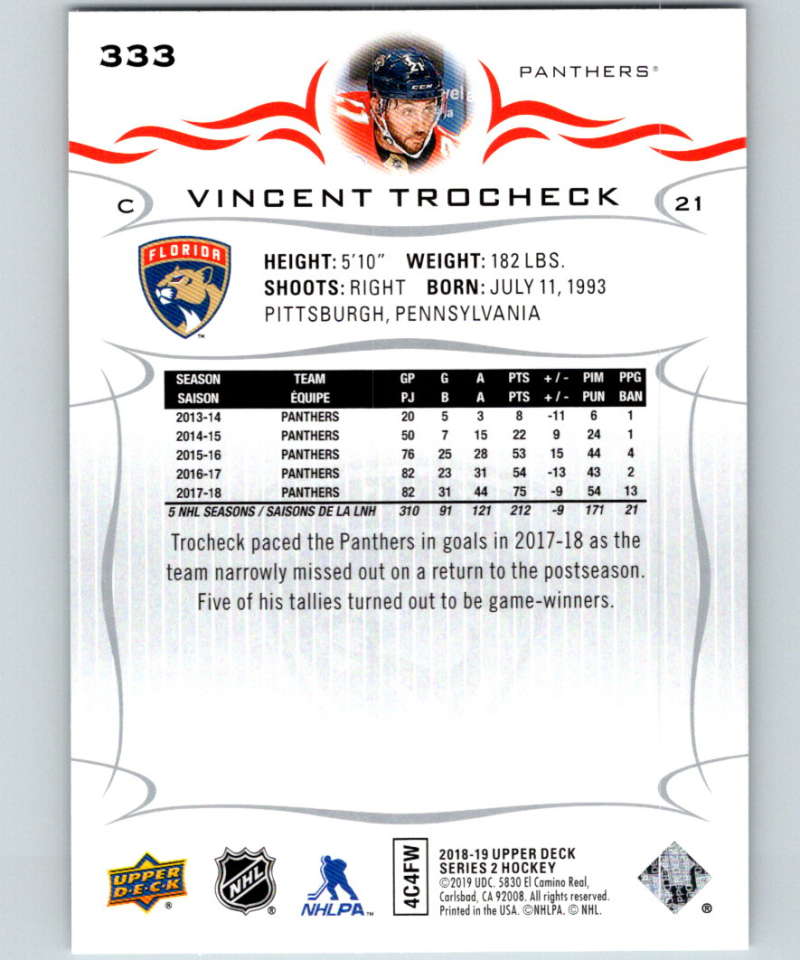 2018-19 Upper Deck #333 Vincent Trocheck Mint Florida Panthers Image 2