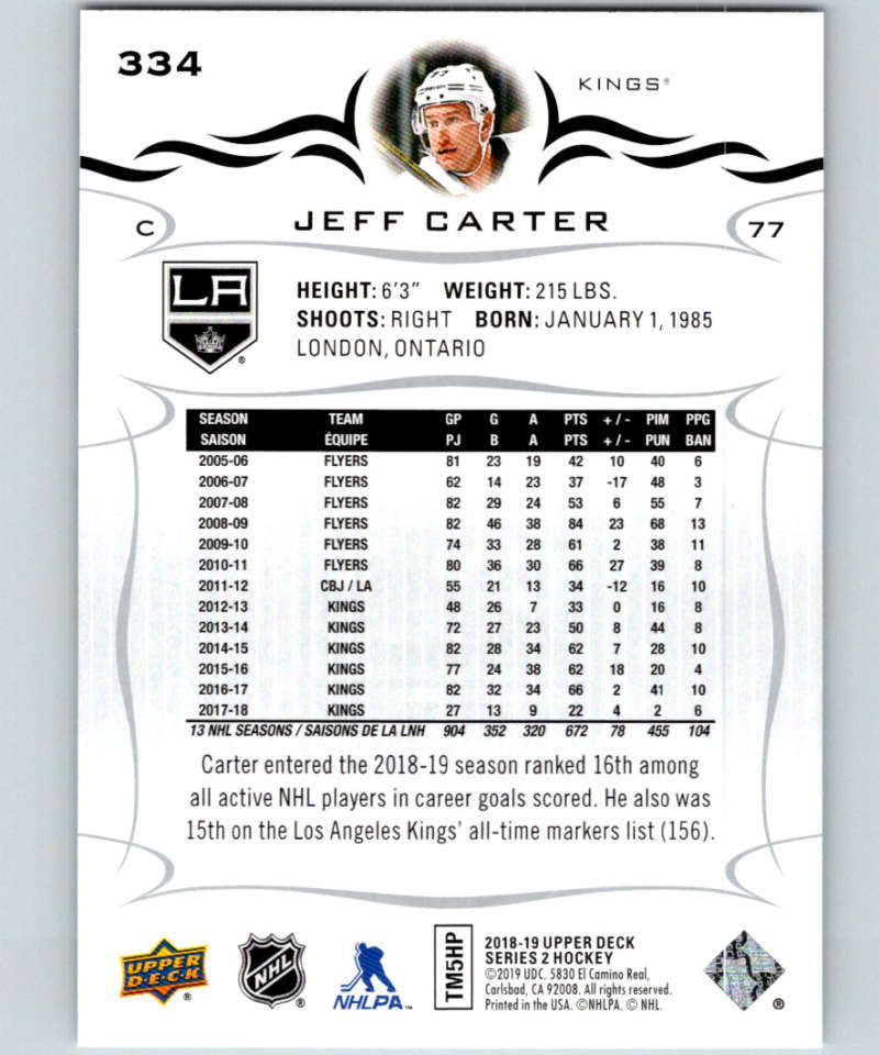 2018-19 Upper Deck #334 Jeff Carter Mint Los Angeles Kings Image 2