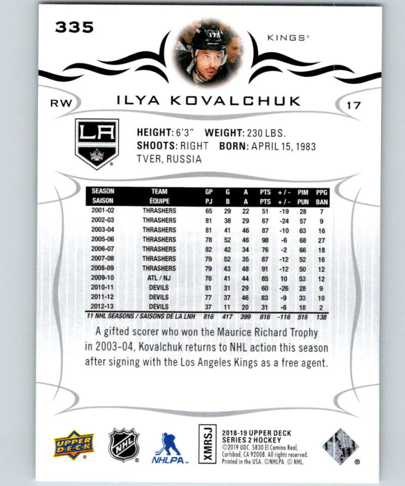 2018-19 Upper Deck #335 Ilya Kovalchuk Mint Los Angeles Kings Image 2