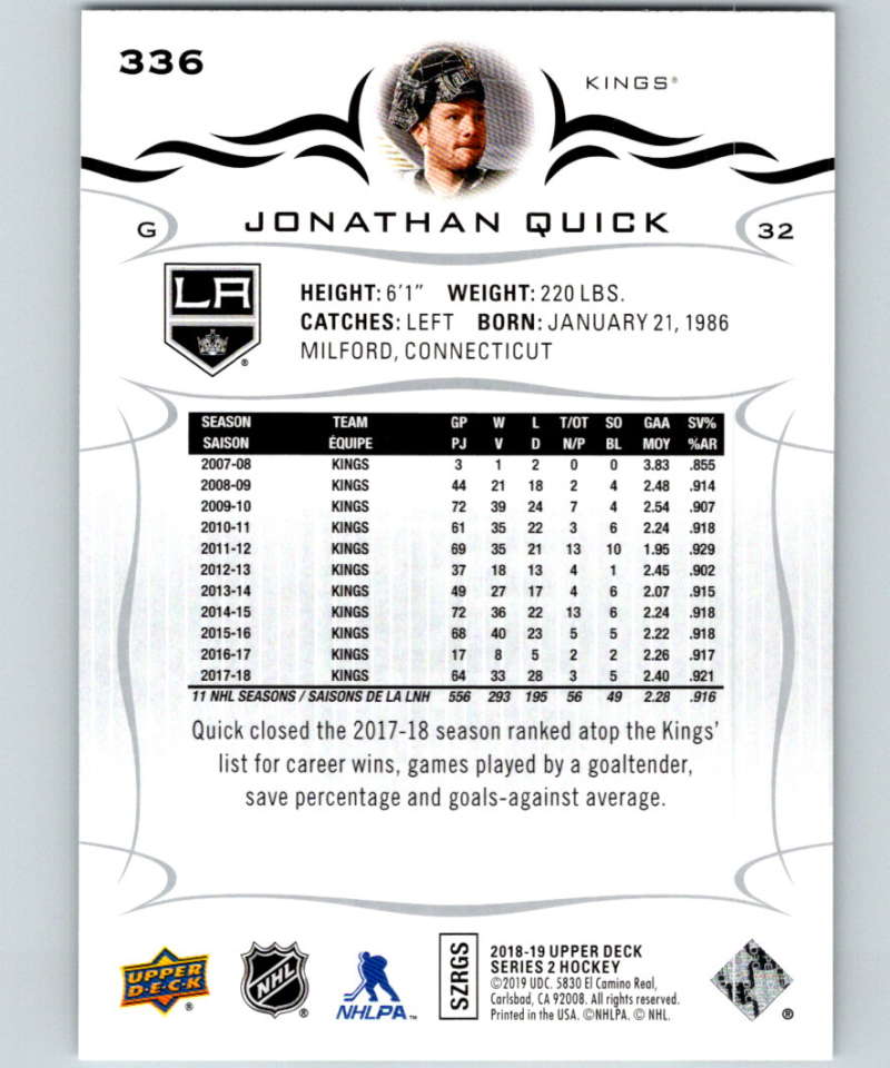 2018-19 Upper Deck #336 Jonathan Quick Mint Los Angeles Kings Image 2