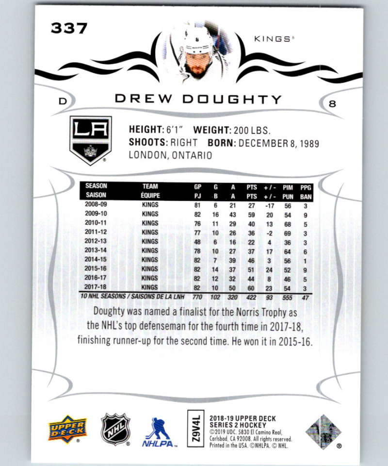 2018-19 Upper Deck #337 Drew Doughty Mint Los Angeles Kings Image 2