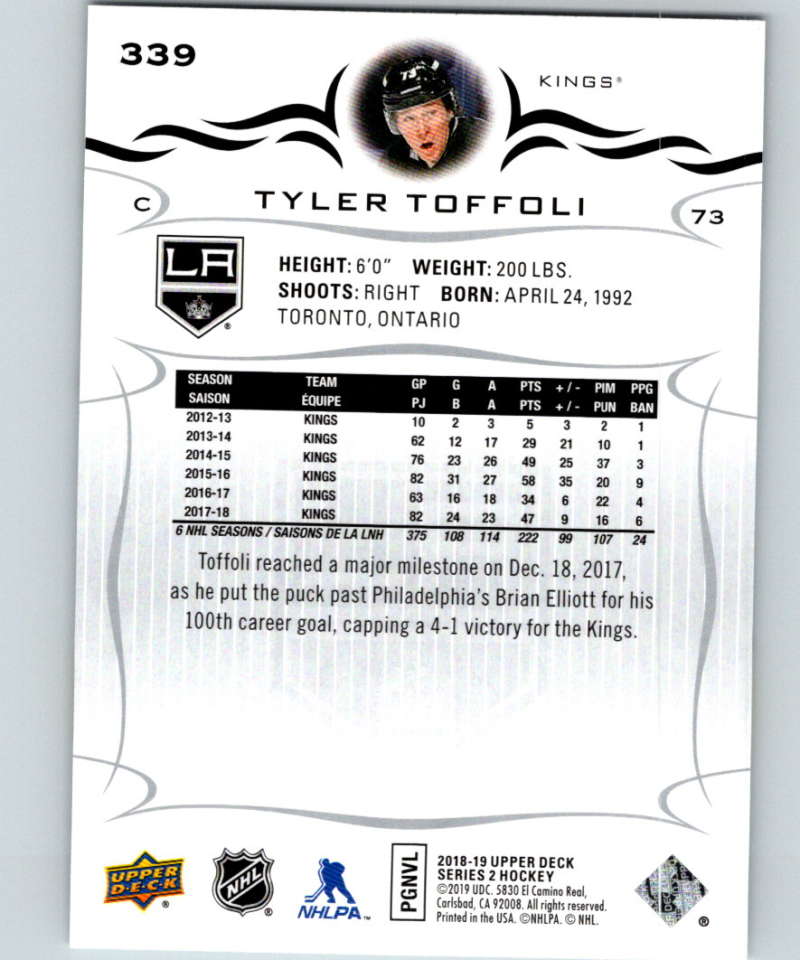 2018-19 Upper Deck #339 Tyler Toffoli Mint Los Angeles Kings Image 2