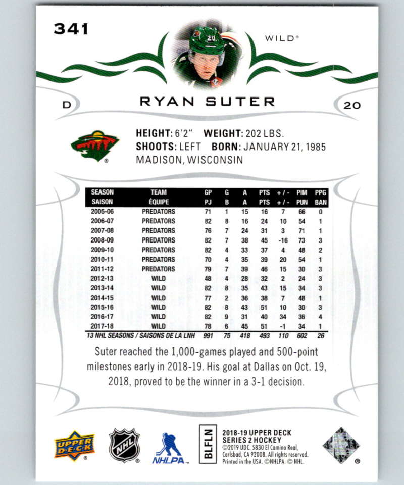 2018-19 Upper Deck #341 Ryan Suter Mint Minnesota Wild Image 2
