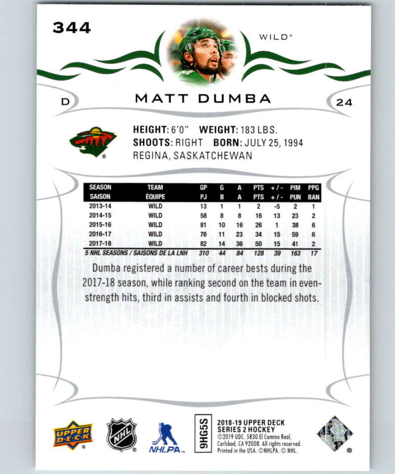 2018-19 Upper Deck #344 Matt Dumba Mint Minnesota Wild Image 2