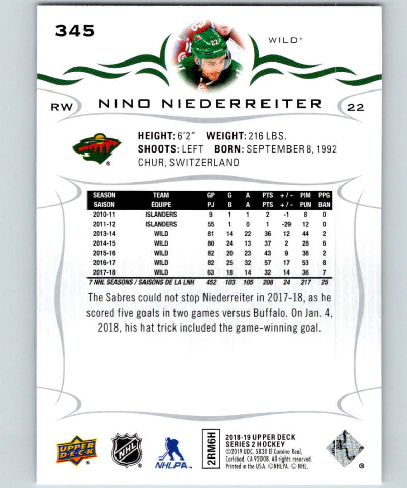 2018-19 Upper Deck #345 Nino Niederreiter Mint Minnesota Wild Image 2
