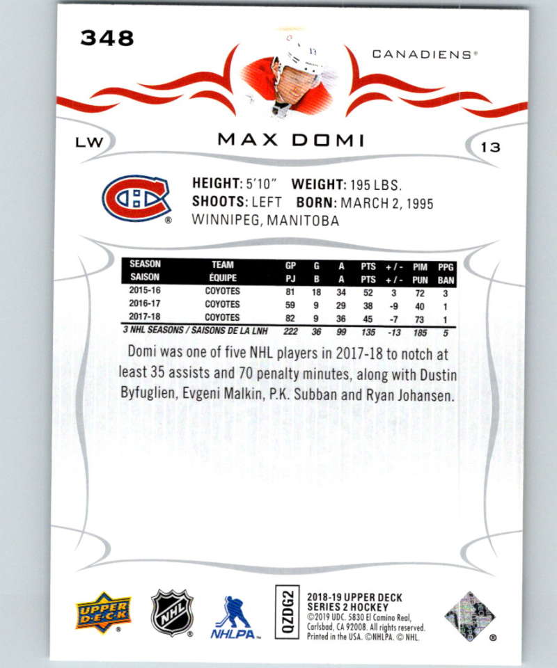 2018-19 Upper Deck #348 Max Domi Mint Montreal Canadiens Image 2