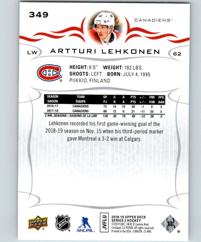 2018-19 Upper Deck #349 Artturi Lehkonen Mint Montreal Canadiens