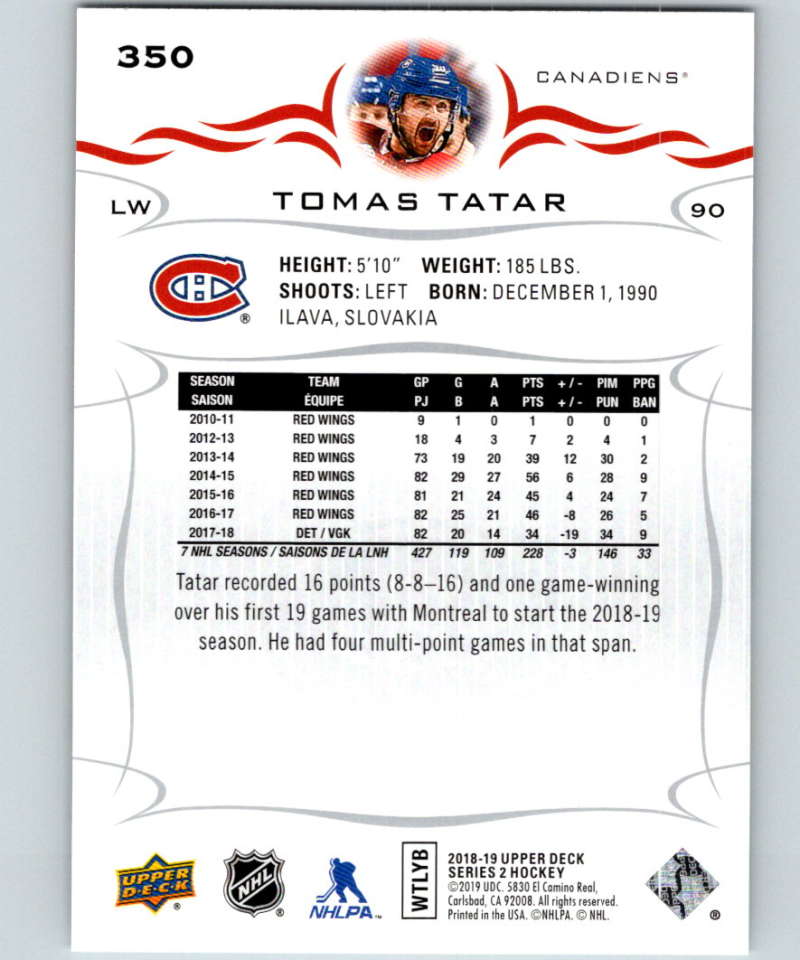 2018-19 Upper Deck #350 Tomas Tatar Mint Montreal Canadiens