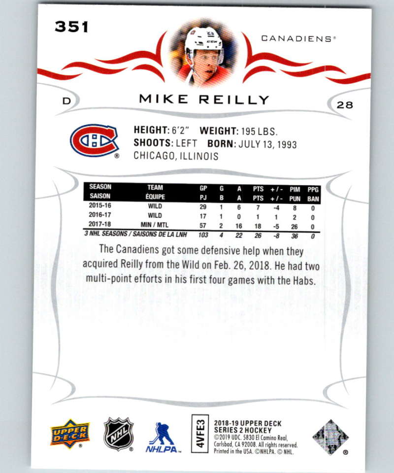 2018-19 Upper Deck #351 Mike Reilly Mint Montreal Canadiens