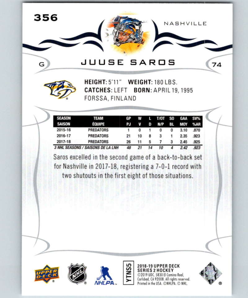 2018-19 Upper Deck #356 Juuse Saros Mint Nashville Predators Image 2