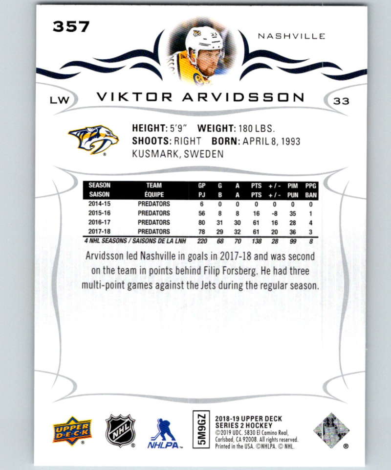 2018-19 Upper Deck #357 Viktor Arvidsson Mint Nashville Predators Image 2