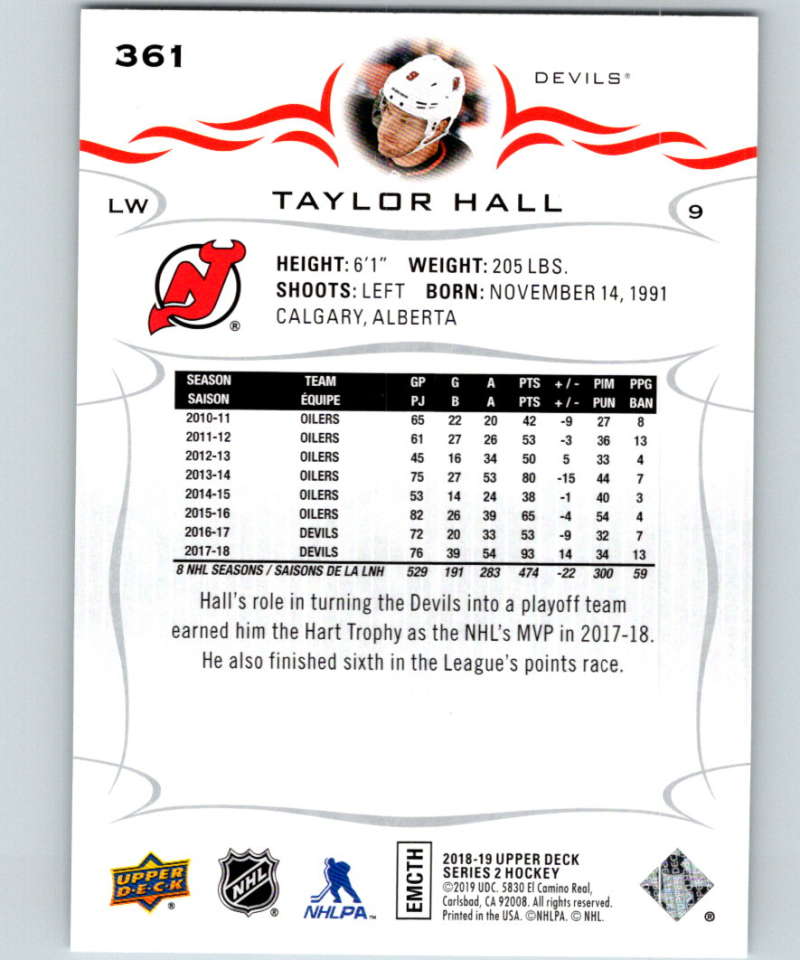 2018-19 Upper Deck #361 Taylor Hall Mint New Jersey Devils Image 2