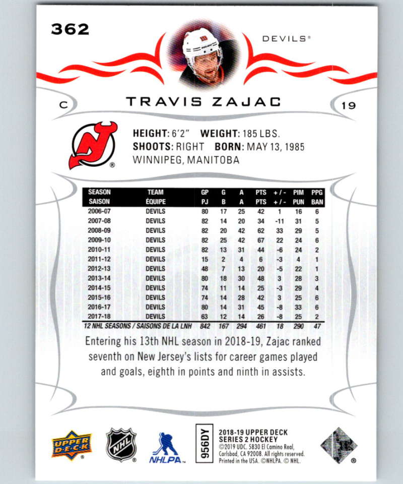 2018-19 Upper Deck #362 Travis Zajac Mint New Jersey Devils Image 2