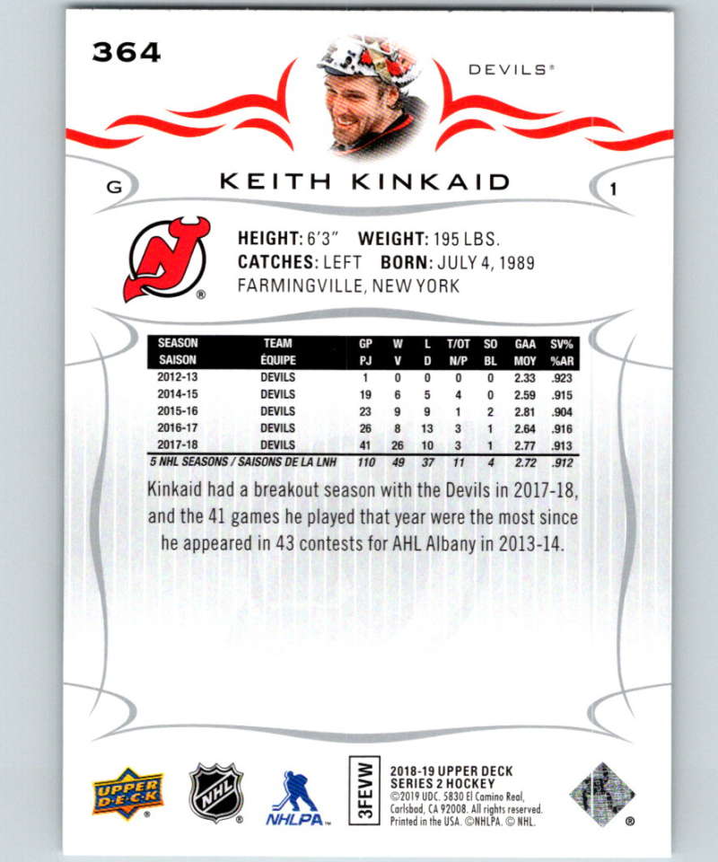 2018-19 Upper Deck #364 Keith Kinkaid Mint New Jersey Devils Image 2