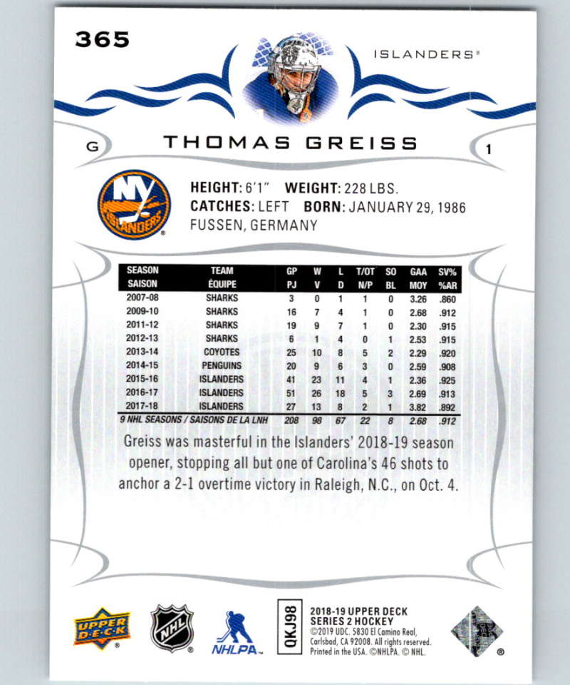 2018-19 Upper Deck #365 Thomas Greiss Mint New York Islanders