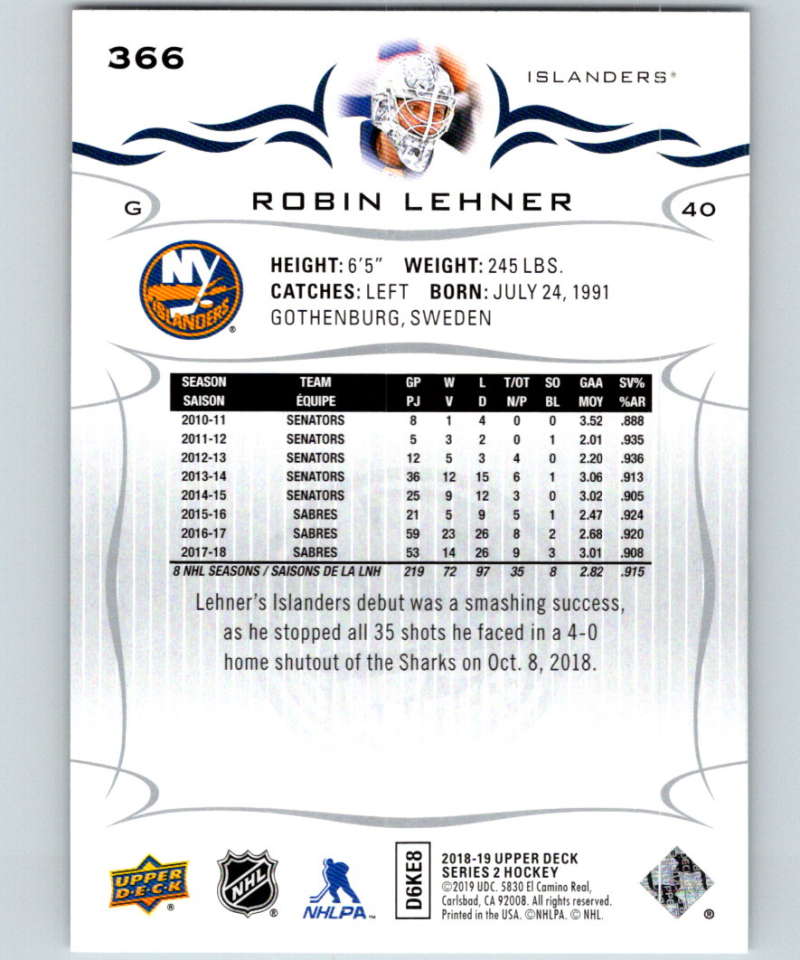 2018-19 Upper Deck #366 Robin Lehner Mint New York Islanders