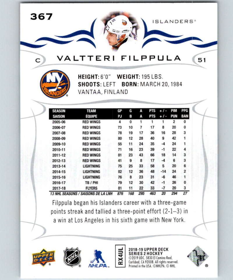 2018-19 Upper Deck #367 Valtteri Filppula Mint New York Islanders Image 2